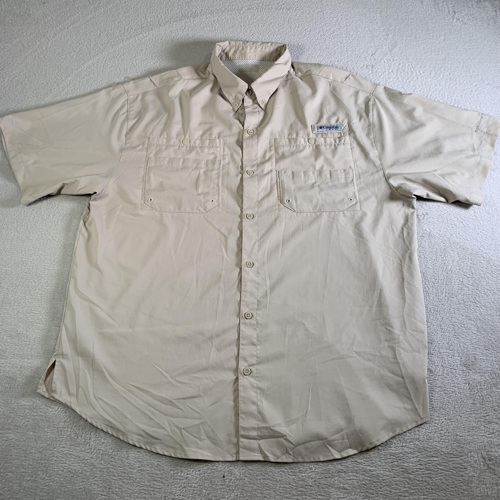 Columbia PFG Shirt Mens XL Beige Omni-Shade Short Sleeve Fishing Button Front